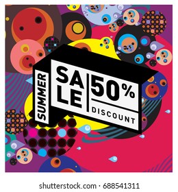 Summer sale memphis style web banner. Fashion and travel discount poster. Vector holiday Abstract colorful illustration with special offer and promotion.
