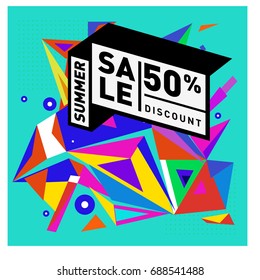 Summer sale memphis style web banner. Fashion and travel discount poster. Vector holiday Abstract colorful illustration with special offer and promotion.