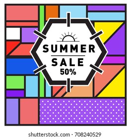 Summer sale memphis style web banner. Fashion and travel discount poster. Vector holiday Abstract colorful retro illustration with special offer and promotion.
