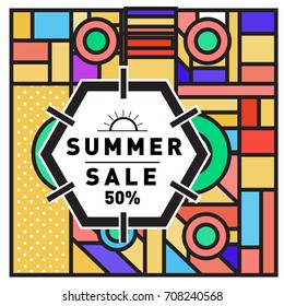 Summer sale memphis style web banner. Fashion and travel discount poster. Vector holiday Abstract colorful retro illustration with special offer and promotion.
