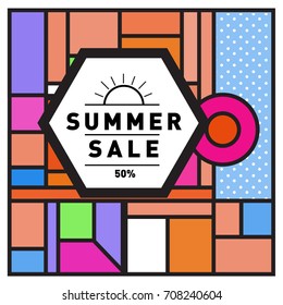 Summer sale memphis style web banner. Fashion and travel discount poster. Vector holiday Abstract colorful retro illustration with special offer and promotion.