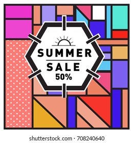 Summer sale memphis style web banner. Fashion and travel discount poster. Vector holiday Abstract colorful retro illustration with special offer and promotion.