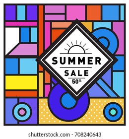 Summer sale memphis style web banner. Fashion and travel discount poster. Vector holiday Abstract colorful retro illustration with special offer and promotion.