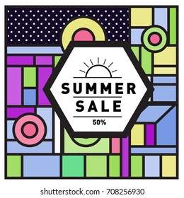 Summer sale memphis style web banner. Fashion and travel discount poster. Vector holiday Abstract colorful retro illustration with special offer and promotion.