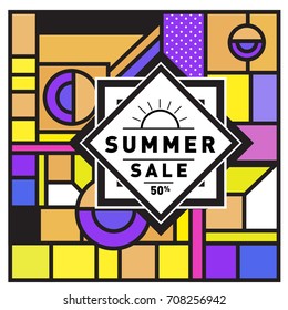 Summer sale memphis style web banner. Fashion and travel discount poster. Vector holiday Abstract colorful retro illustration with special offer and promotion.