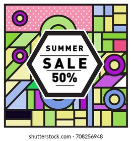 Summer sale memphis style web banner. Fashion and travel discount poster. Vector holiday Abstract colorful retro illustration with special offer and promotion.