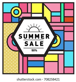 Summer sale memphis style web banner. Fashion and travel discount poster. Vector holiday Abstract colorful retro illustration with special offer and promotion.