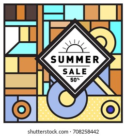 Summer sale memphis style web banner. Fashion and travel discount poster. Vector holiday Abstract colorful retro illustration with special offer and promotion.