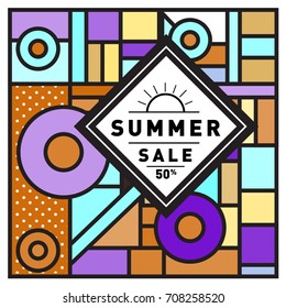 Summer sale memphis style web banner. Fashion and travel discount poster. Vector holiday Abstract colorful retro illustration with special offer and promotion.