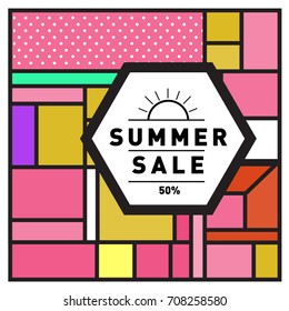 Summer sale memphis style web banner. Fashion and travel discount poster. Vector holiday Abstract colorful retro illustration with special offer and promotion.