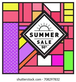 Summer sale memphis style web banner. Fashion and travel discount poster. Vector holiday Abstract colorful retro illustration with special offer and promotion.