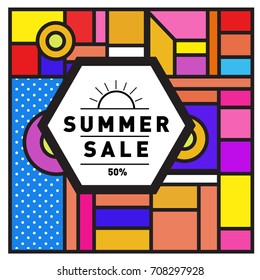 Summer sale memphis style web banner. Fashion and travel discount poster. Vector holiday Abstract colorful retro illustration with special offer and promotion.