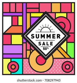 Summer sale memphis style web banner. Fashion and travel discount poster. Vector holiday Abstract colorful retro illustration with special offer and promotion.