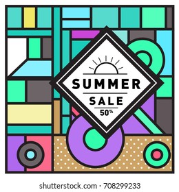 Summer sale memphis style web banner. Fashion and travel discount poster. Vector holiday Abstract colorful retro illustration with special offer and promotion.