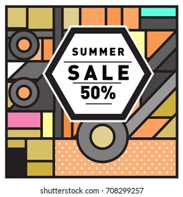Summer sale memphis style web banner. Fashion and travel discount poster. Vector holiday Abstract colorful retro illustration with special offer and promotion.