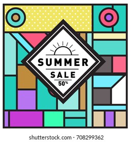 Summer sale memphis style web banner. Fashion and travel discount poster. Vector holiday Abstract colorful retro illustration with special offer and promotion.