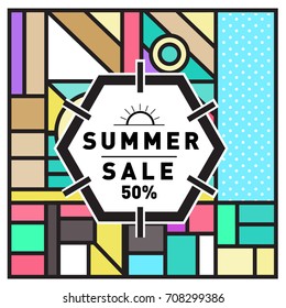 Summer sale memphis style web banner. Fashion and travel discount poster. Vector holiday Abstract colorful retro illustration with special offer and promotion.