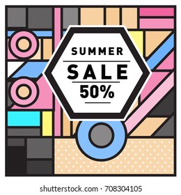 Summer sale memphis style web banner. Fashion and travel discount poster. Vector holiday Abstract colorful retro illustration with special offer and promotion.