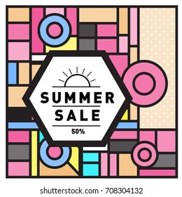 Summer sale memphis style web banner. Fashion and travel discount poster. Vector holiday Abstract colorful retro illustration with special offer and promotion.