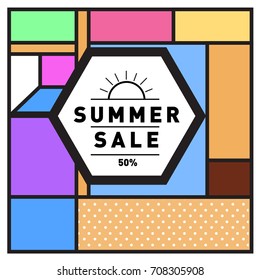 Summer sale memphis style web banner. Fashion and travel discount poster. Vector holiday Abstract colorful retro illustration with special offer and promotion.