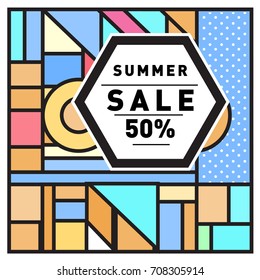 Summer sale memphis style web banner. Fashion and travel discount poster. Vector holiday Abstract colorful retro illustration with special offer and promotion.