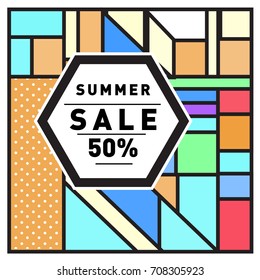 Summer sale memphis style web banner. Fashion and travel discount poster. Vector holiday Abstract colorful retro illustration with special offer and promotion.