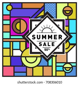 Summer sale memphis style web banner. Fashion and travel discount poster. Vector holiday Abstract colorful retro illustration with special offer and promotion.