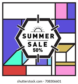 Summer sale memphis style web banner. Fashion and travel discount poster. Vector holiday Abstract colorful retro illustration with special offer and promotion.