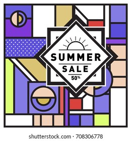 Summer sale memphis style web banner. Fashion and travel discount poster. Vector holiday Abstract colorful retro illustration with special offer and promotion.