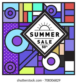 Summer sale memphis style web banner. Fashion and travel discount poster. Vector holiday Abstract colorful retro illustration with special offer and promotion.