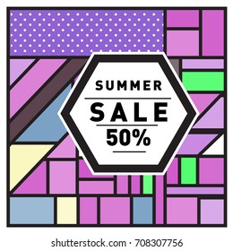 Summer sale memphis style web banner. Fashion and travel discount poster. Vector holiday Abstract colorful retro illustration with special offer and promotion.