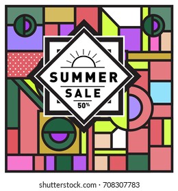 Summer sale memphis style web banner. Fashion and travel discount poster. Vector holiday Abstract colorful retro illustration with special offer and promotion.