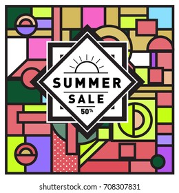 Summer sale memphis style web banner. Fashion and travel discount poster. Vector holiday Abstract colorful retro illustration with special offer and promotion.