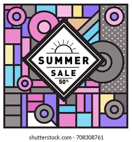 Summer sale memphis style web banner. Fashion and travel discount poster. Vector holiday Abstract colorful retro illustration with special offer and promotion.