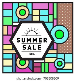 Summer sale memphis style web banner. Fashion and travel discount poster. Vector holiday Abstract colorful retro illustration with special offer and promotion.