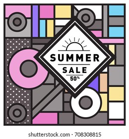 Summer sale memphis style web banner. Fashion and travel discount poster. Vector holiday Abstract colorful retro illustration with special offer and promotion.