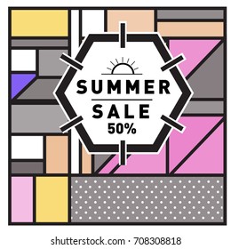 Summer sale memphis style web banner. Fashion and travel discount poster. Vector holiday Abstract colorful retro illustration with special offer and promotion.