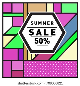 Summer sale memphis style web banner. Fashion and travel discount poster. Vector holiday Abstract colorful retro illustration with special offer and promotion.