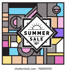 Summer sale memphis style web banner. Fashion and travel discount poster. Vector holiday Abstract colorful retro illustration with special offer and promotion.