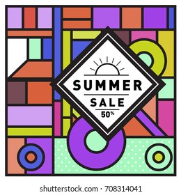 Summer sale memphis style web banner. Fashion and travel discount poster. Vector holiday Abstract colorful retro illustration with special offer and promotion.