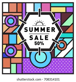 Summer sale memphis style web banner. Fashion and travel discount poster. Vector holiday Abstract colorful retro illustration with special offer and promotion.