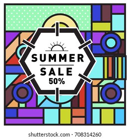 Summer sale memphis style web banner. Fashion and travel discount poster. Vector holiday Abstract colorful retro illustration with special offer and promotion.