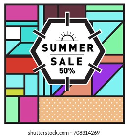 Summer sale memphis style web banner. Fashion and travel discount poster. Vector holiday Abstract colorful retro illustration with special offer and promotion.