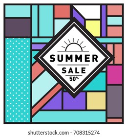 Summer sale memphis style web banner. Fashion and travel discount poster. Vector holiday Abstract colorful retro illustration with special offer and promotion.