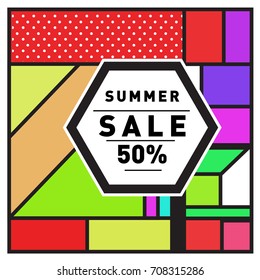 Summer sale memphis style web banner. Fashion and travel discount poster. Vector holiday Abstract colorful retro illustration with special offer and promotion.