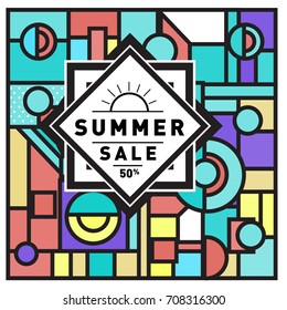 Summer sale memphis style web banner. Fashion and travel discount poster. Vector holiday Abstract colorful retro illustration with special offer and promotion.