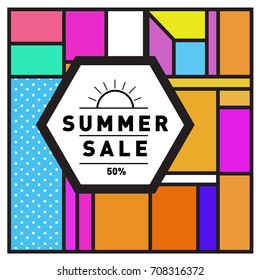 Summer sale memphis style web banner. Fashion and travel discount poster. Vector holiday Abstract colorful retro illustration with special offer and promotion.