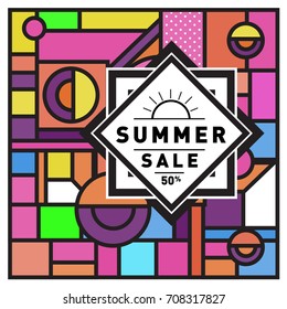 Summer sale memphis style web banner. Fashion and travel discount poster. Vector holiday Abstract colorful retro illustration with special offer and promotion.