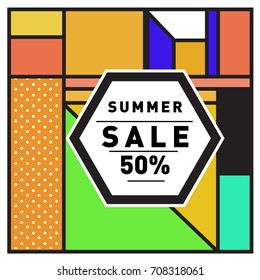 Summer sale memphis style web banner. Fashion and travel discount poster. Vector holiday Abstract colorful retro illustration with special offer and promotion.