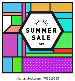 Summer sale memphis style web banner. Fashion and travel discount poster. Vector holiday Abstract colorful retro illustration with special offer and promotion.